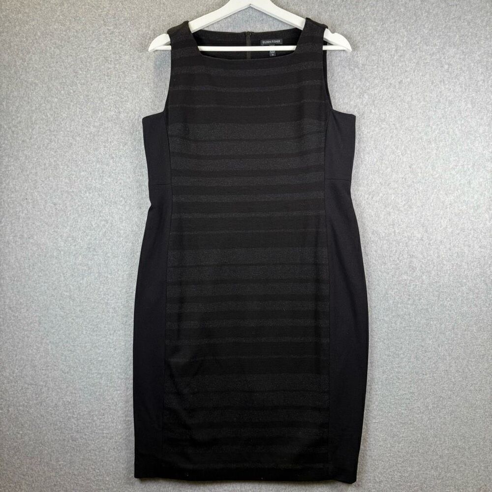 Eileen Fisher Womens 12 Striped Knit Ponte Dress Black Sleeveless Square Neck
